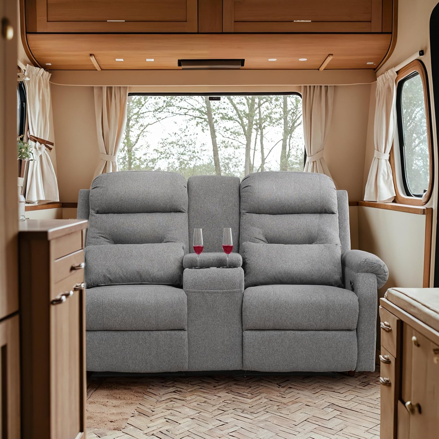 RV Loveseat Recliner with Console, Reclining Loveseat Sofa, Manual Home Theater Seating with Pockets/Cup Holders for Living Room/RV Furniture (Linen Ash)