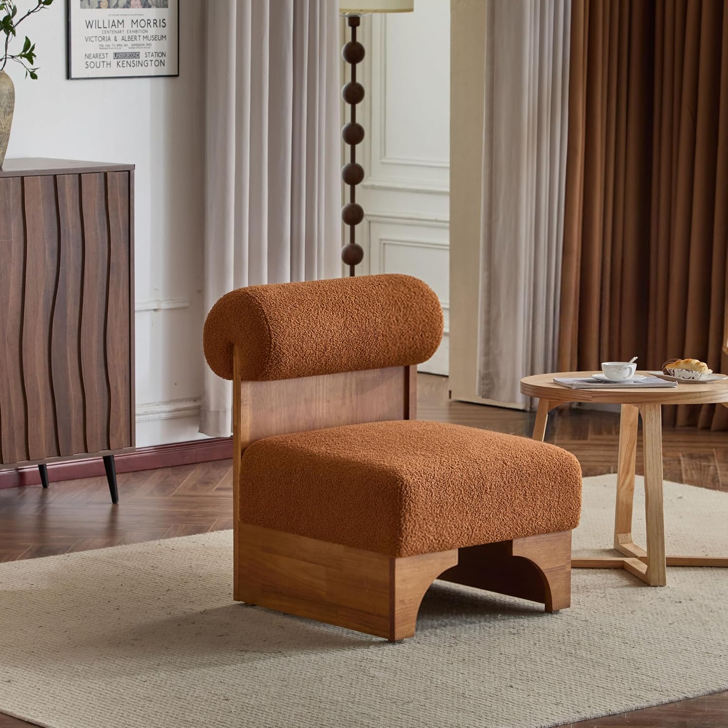 Christopher Knight Home Devon Modern Minimalist Boucle Fabric Upholstered Accent Chair,Wooden Lounge Chair with Rolled Backrest+Soft Padded Seat,Comfy Reading Chair,Living Room/Bedroom,Brownish Orange