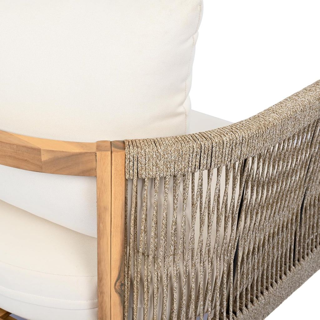 Christopher Knight Home Havets 77'W Outdoor 3 Seater Sofa, 6' Thick Cushion Couch, Acacia Wood Bench Sofa, Comfy Woven Rope Armchair, Spacious Seating Bench Couch for Backyard Garden Porch, Teak+Beige