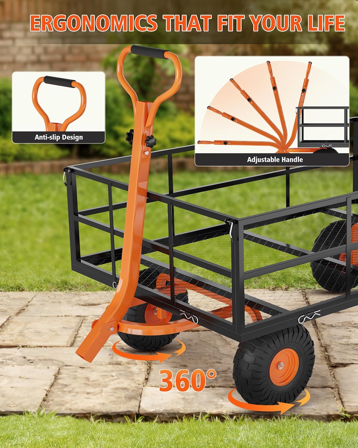 GarveeLife Heavy Duty Steel Garden Cart, 1200 LBS Capacity 3 in 1 Pullable Garden Wagon with 13 in Wheels, for Gardening Soil, Tools, and Plant Transport