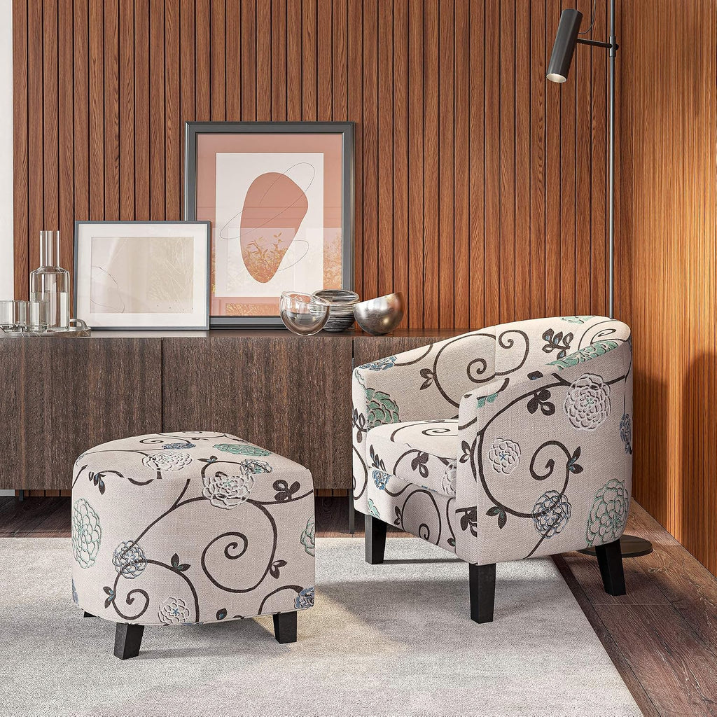 BELLEZE Accent Ottoman Set, Modern Upholstered Curved Back Chair, Barrel Round Tub Reading Chair and Footrest for Living Room Bedroom - Floral Beige/Linen
