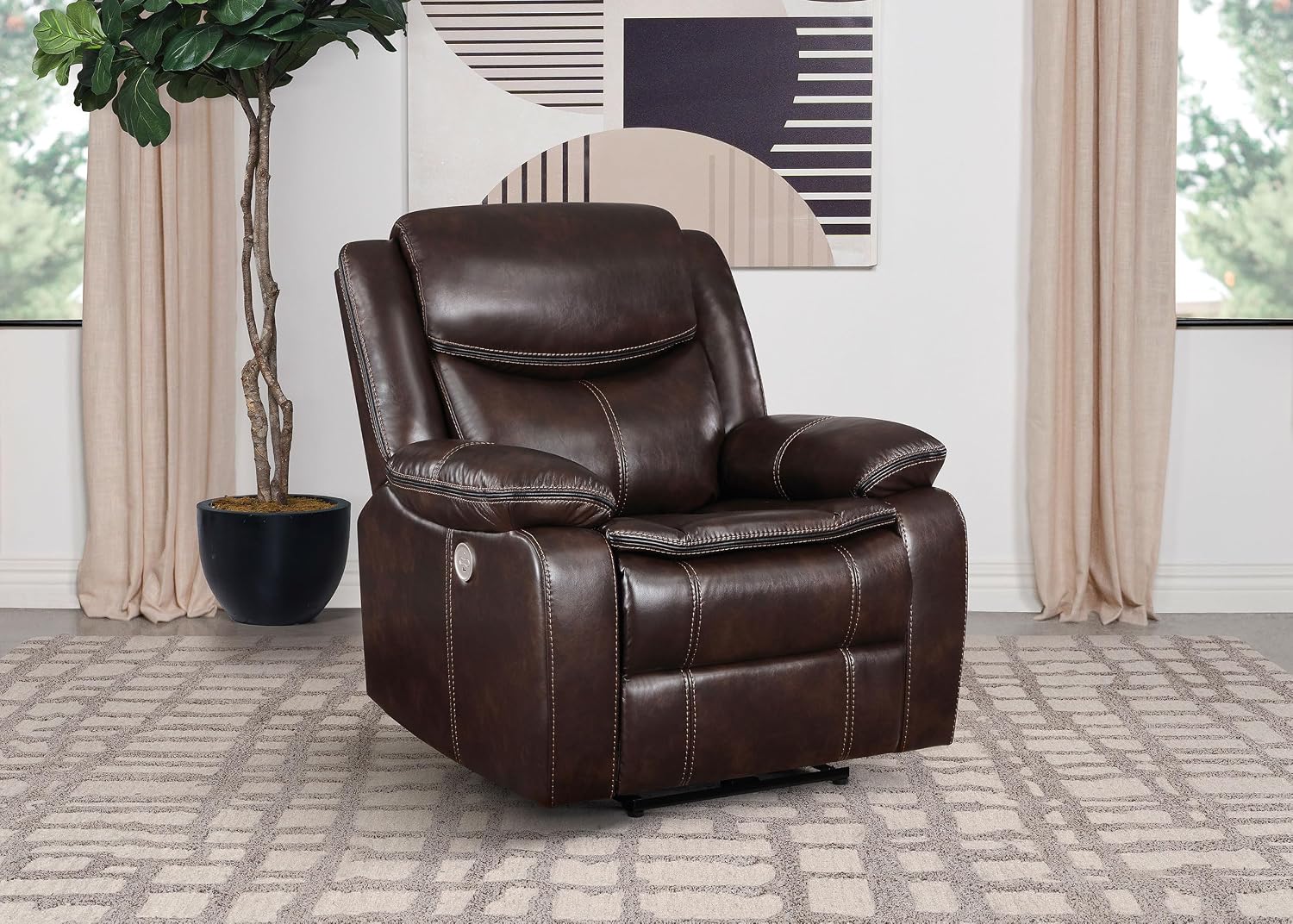 Coaster Home Furnishings - Sycamore - Faux Leather Upholstered Power Recliner Chair with Built-in USB Port, Contour Tufting and Control Panel - Living Room - Dark Brown - 610193P