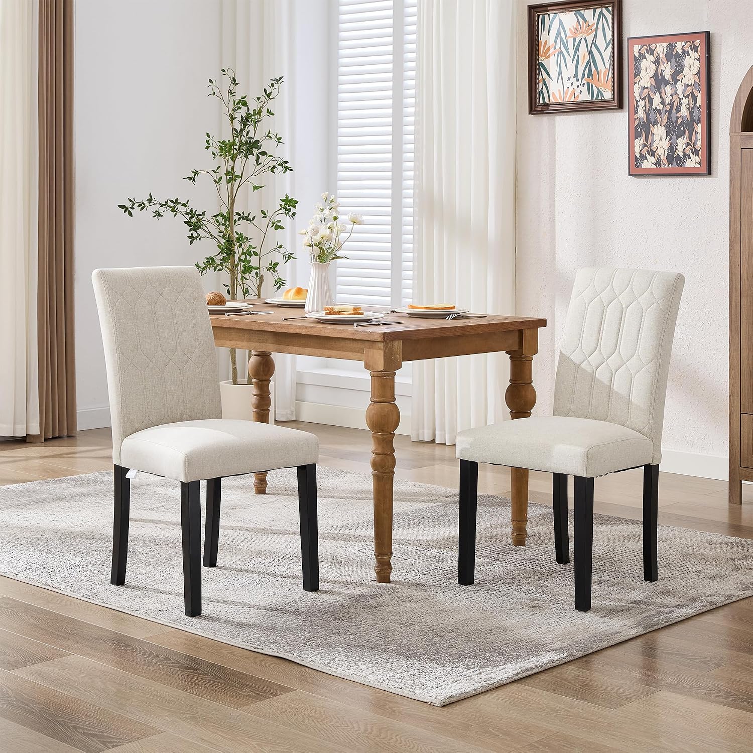 VECELO Upholstered Dining Chairs Set of 2, Modern Accent Parsons with Comfort Seat, Solid Wood Legs w/Rubber Footpads, for Living Room Kitchen, Beige