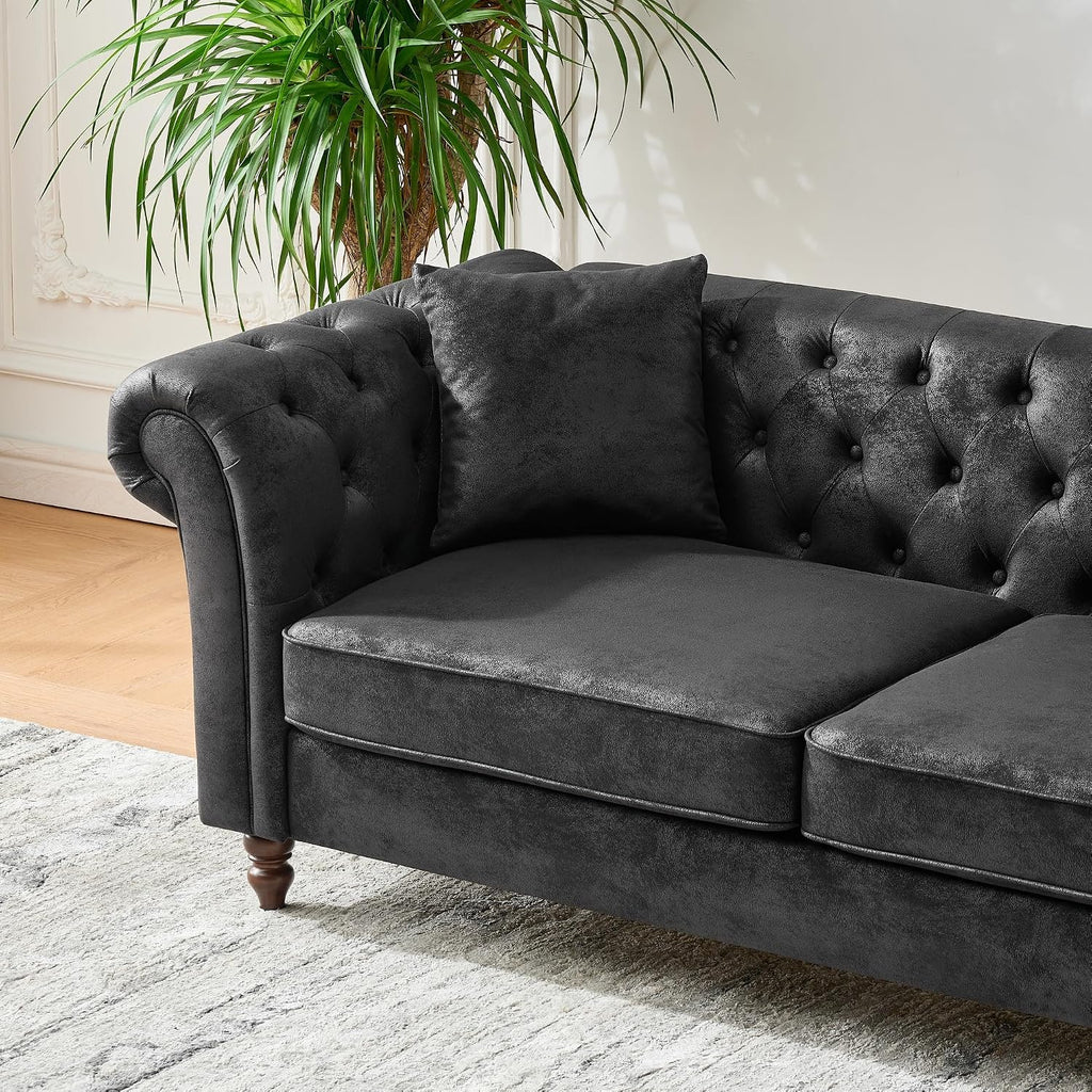 GDFStudio 66' Chesterfield Tech Loveseat Sofa Couch, Mid Century Modern 2 Seat Sofa & Couches with Pillows, Roll Armrest Upholstered Couch for Living Room Apartment Office Home Seating, Black