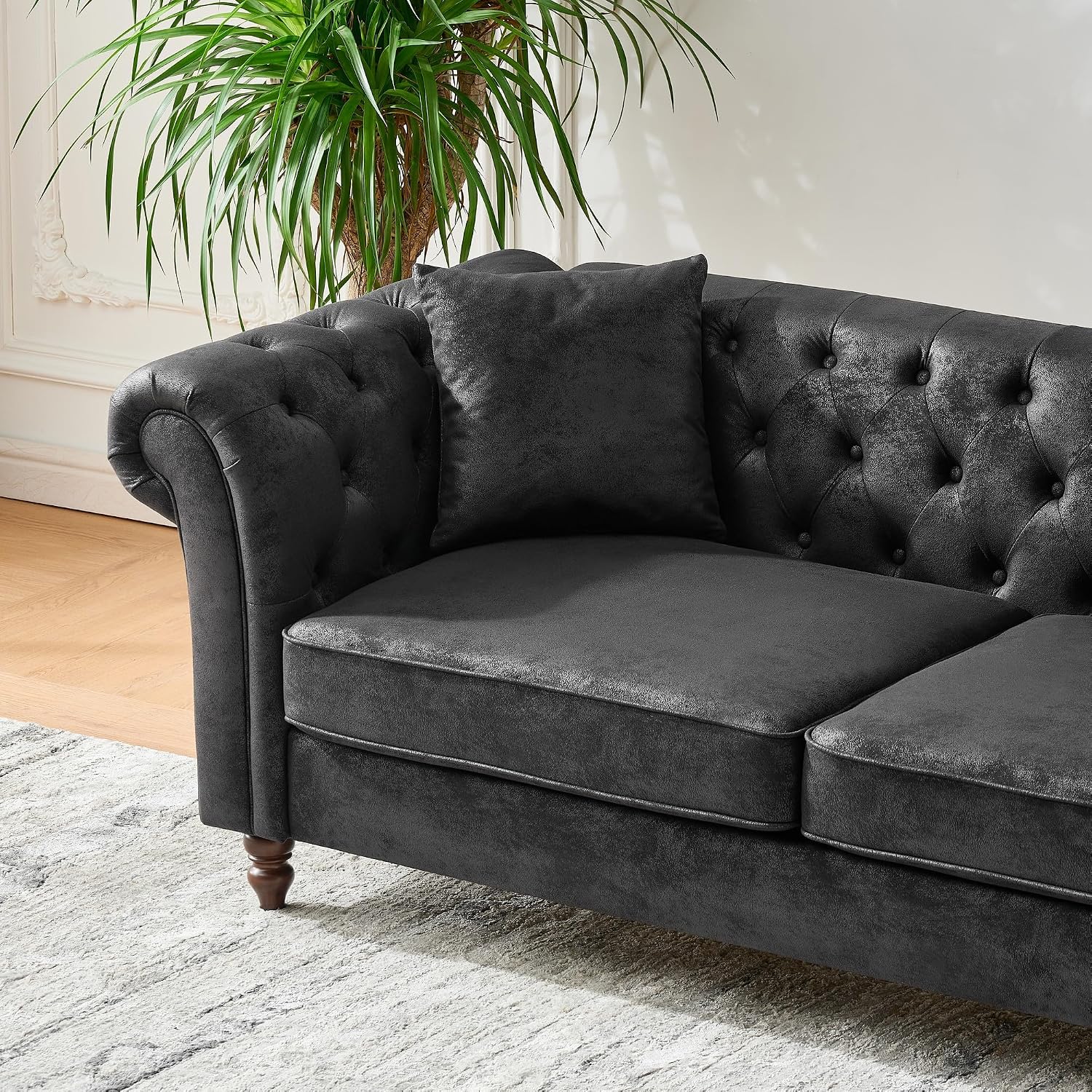 GDFStudio 66' Chesterfield Tech Loveseat Sofa Couch, Mid Century Modern 2 Seat Sofa & Couches with Pillows, Roll Armrest Upholstered Couch for Living Room Apartment Office Home Seating, Black