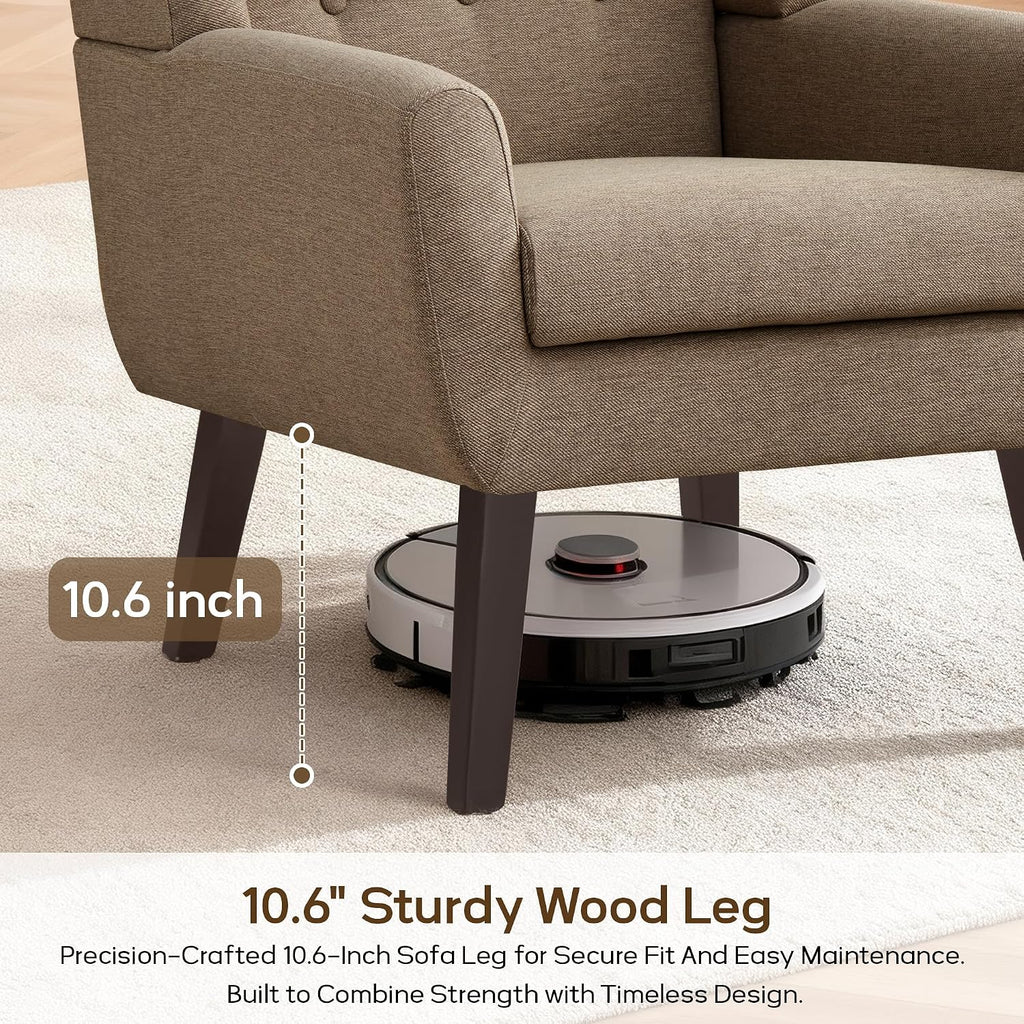 HUIMO Accent Chairs for Living Room,Linen Button-Tufted Upholstered Armchair with Wooden Legs,Comfy Mid Century Modern Chair for Bedroom Apartment Waiting Room Brown