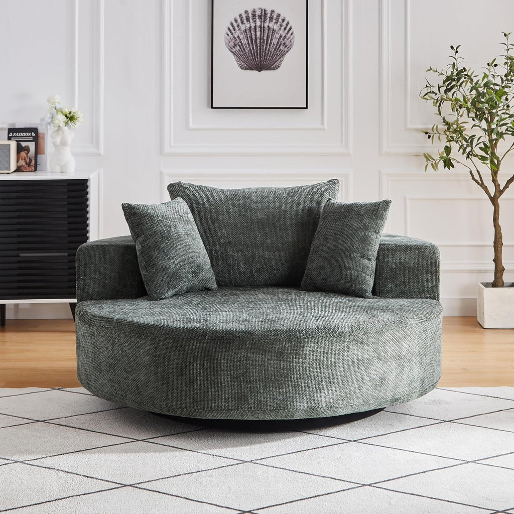 KEIKI 55' Oversized Swivel Accent Chair, Large Barrel Chairs Upholstered Round Swivel Chair, Chenille Single Sofa Armchair, Sleeper Chair for Living Room, Lounge, Green