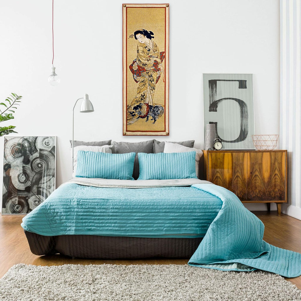 Lady with a Dog | Woven Tapestry Wall Art Hanging | Japanese Geisha Painting Scroll Artwork | 100% Cotton USA Size 51x18
