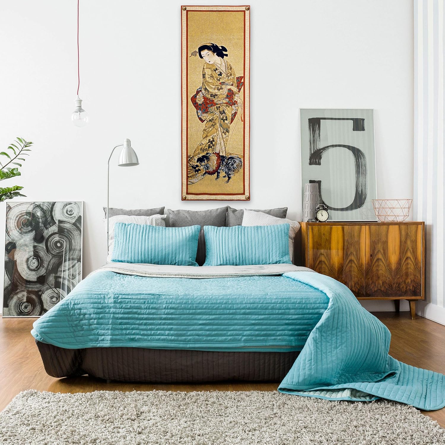 Lady with a Dog | Woven Tapestry Wall Art Hanging | Japanese Geisha Painting Scroll Artwork | 100% Cotton USA Size 51x18