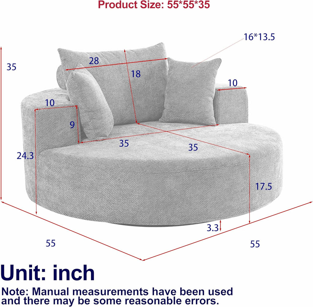 KEIKI 55' Oversized Swivel Accent Chair, Chenille Large Barrel Chairs, Upholstered Round Swivel Chair Single Sofa Armchair, Sleeper Chair for Living Room, Lounge, Black