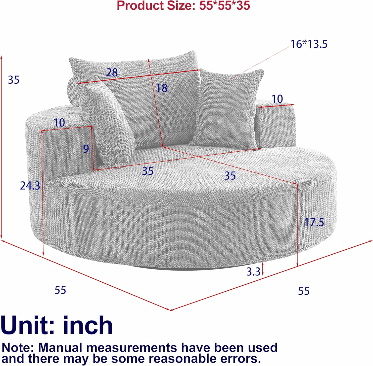 KEIKI 55' Oversized Swivel Accent Chair, Chenille Large Barrel Chairs, Upholstered Round Swivel Chair Single Sofa Armchair, Sleeper Chair for Living Room, Lounge, Black