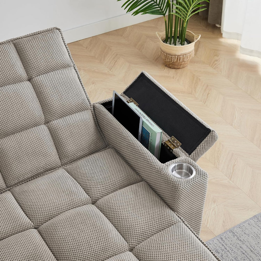 Eafurn Double Chaise Lounge Convertible Sleeper Chair Sofabed W/Storage and 6-Position Reclining Backrest, Modern Tufted Recliner Lounge Chaise Couch with Swivel Table & USB for Living Room
