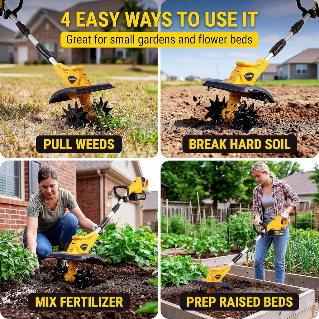 21V Cordless Tiller Cultivator, 360RPM Electric Garden Tiller with 2 x 3.0Ah Batteries, 9-Inch Width & 7-Inch Depth, Lightweight Rototiller for Raised Beds, Flower Beds & Soil Cultivation