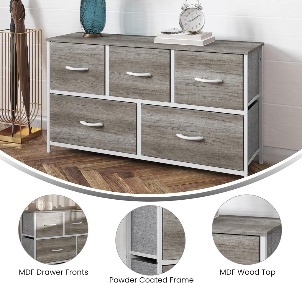 Flash Furniture Harris 5 Drawer Storage Dresser, Cast Iron Frame, Engineered Wood Top and Easy Pull Non-Woven Fabric Drawers with Wooden Handles, White/Light Natural