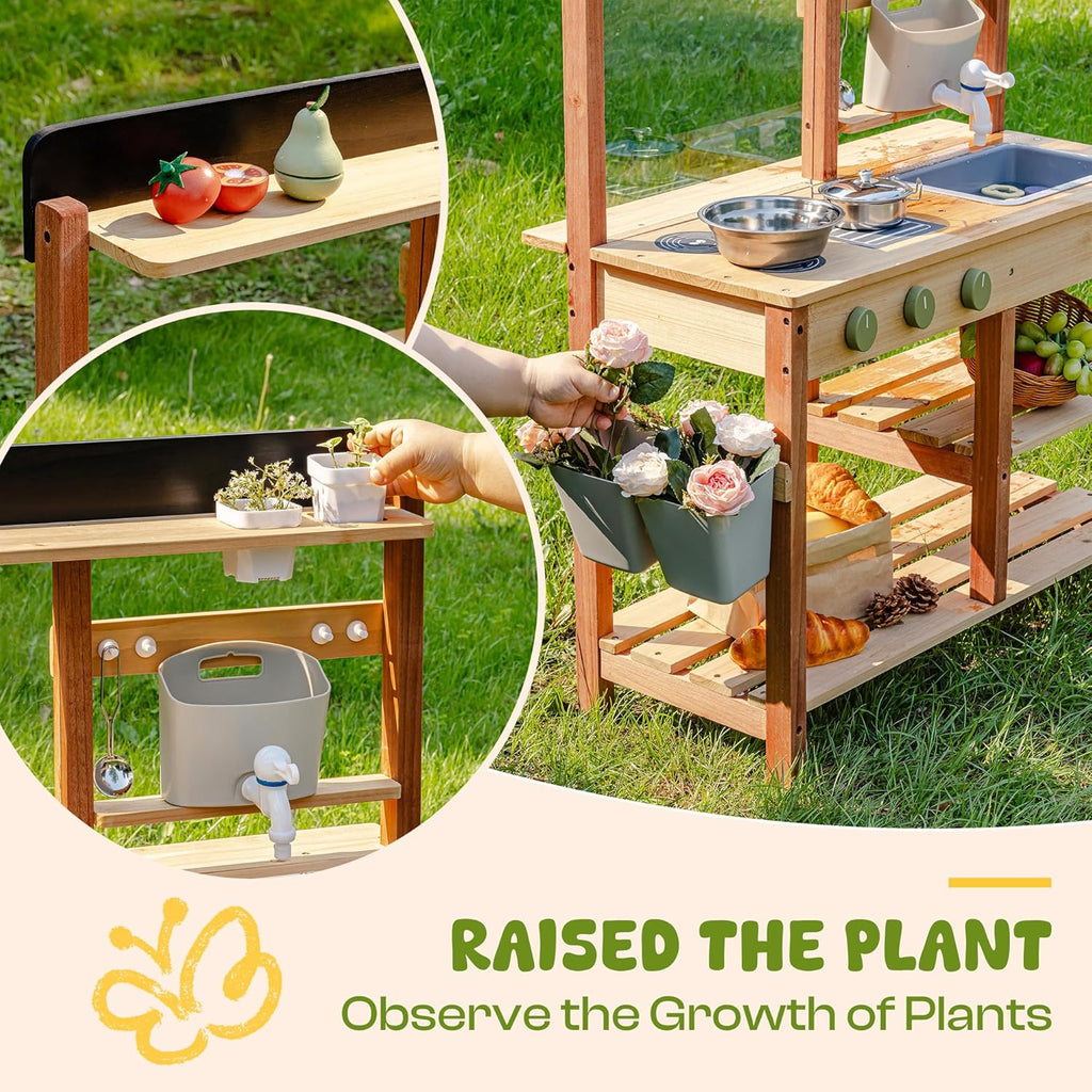 Robud Mud Kitchen, Wooden Outdoor Kitchen for Kids, Pretend Play Set with Sink, Faucet, Planting Pots, Cooking Accessories, Ideal Gift for Boys Girls Ages 3+