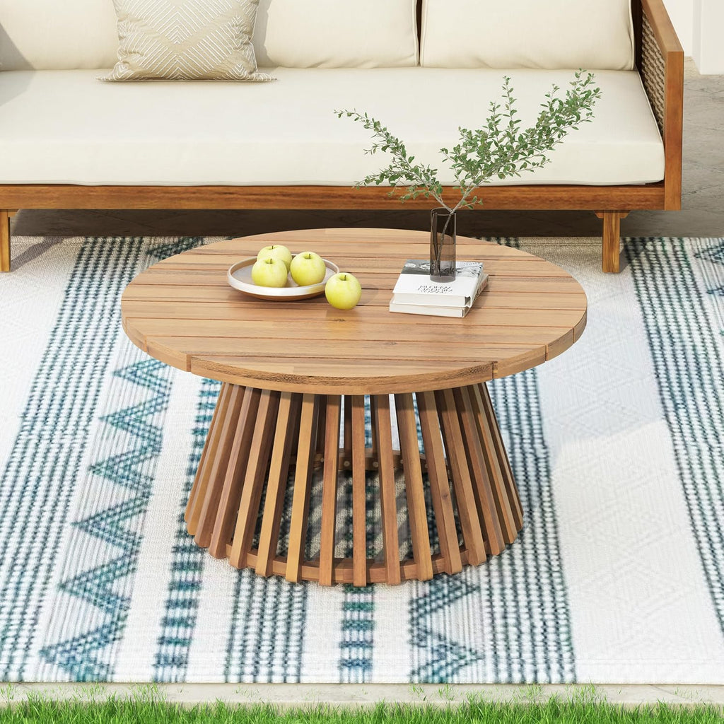 Christopher Knight Home Hakee Acacia Wood Patio Coffee Table, Round Coffee Table with Unique Wooden Base, Stylish Indoor/Outdoor Table, Easy Assembly, 31.5' x 31.5' x 16', Light Teak