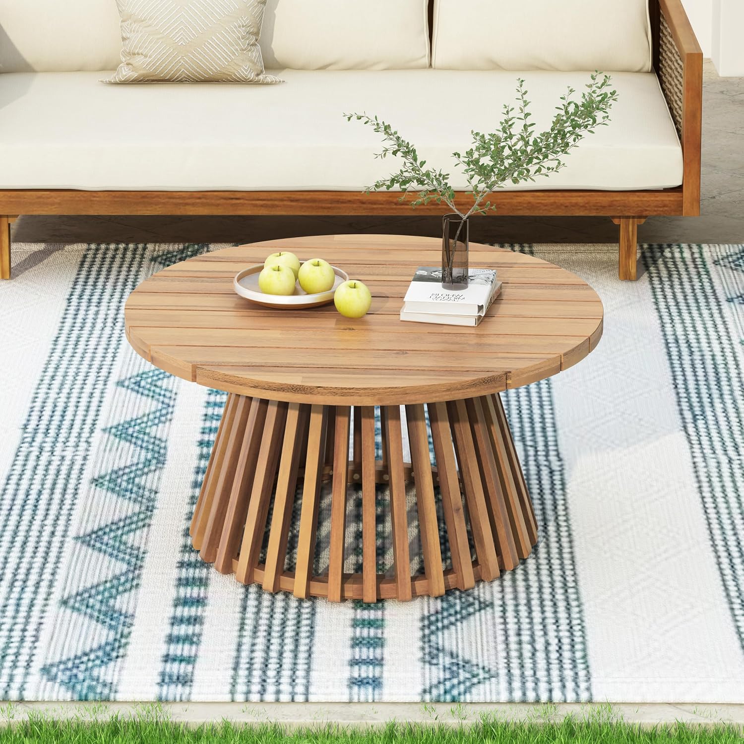 Christopher Knight Home Hakee Acacia Wood Patio Coffee Table, Round Coffee Table with Unique Wooden Base, Stylish Indoor/Outdoor Table, Easy Assembly, 31.5' x 31.5' x 16', Light Teak
