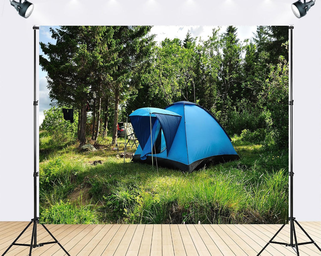 Trykid 20x10ft Blue Tent Forest Backdrop Lush Green Camping Scene Photography Background Outdoor Hiking Shoot Tapestry Party Decoration Photo Studio Prop Fabric