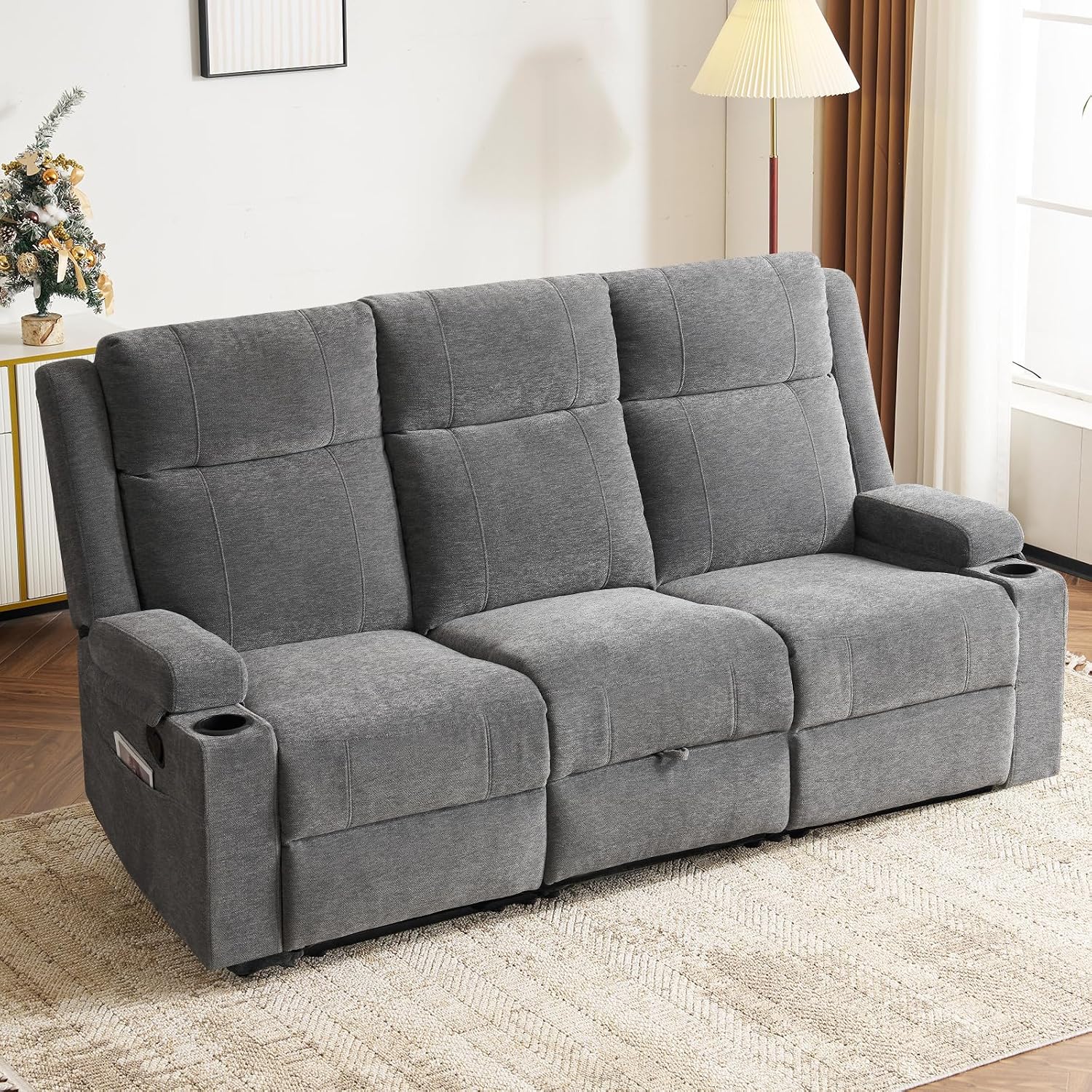 Loveseat Recliner Sofa,RV Loveseat Reclining Couch with Drop Down Table/ 4 Cup Holder/Hidden Storage, Wall Hugger Recliner Sofa for Living Room & Home Theater & RV