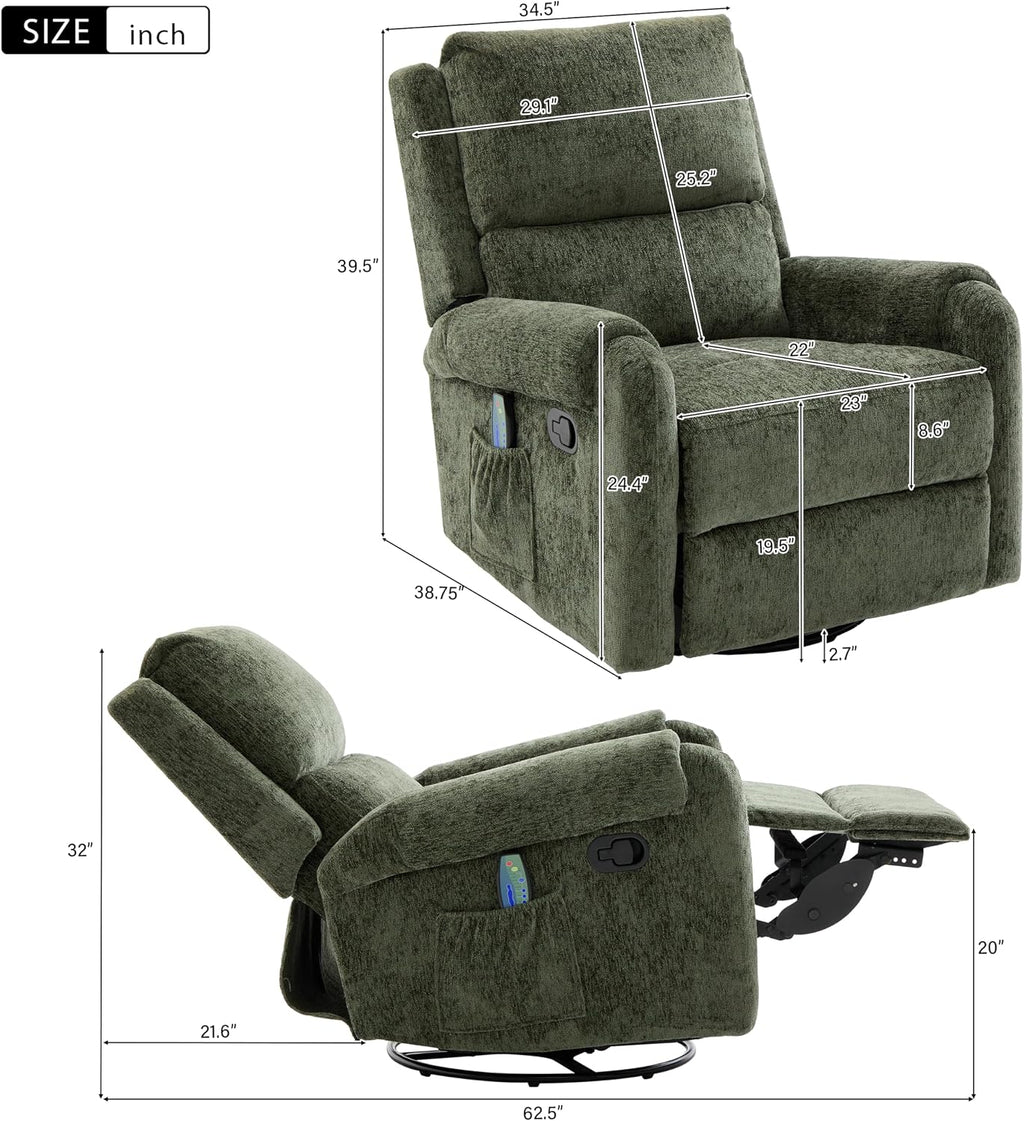 Christopher Knight Home Harper Massage Recliner Chair with 8 Modes, Chenille Upholstered Recliner Sofa, Swivel Massage Chair with a Side Storage Pocket for Living Room/Bedroom, Head Support, Green