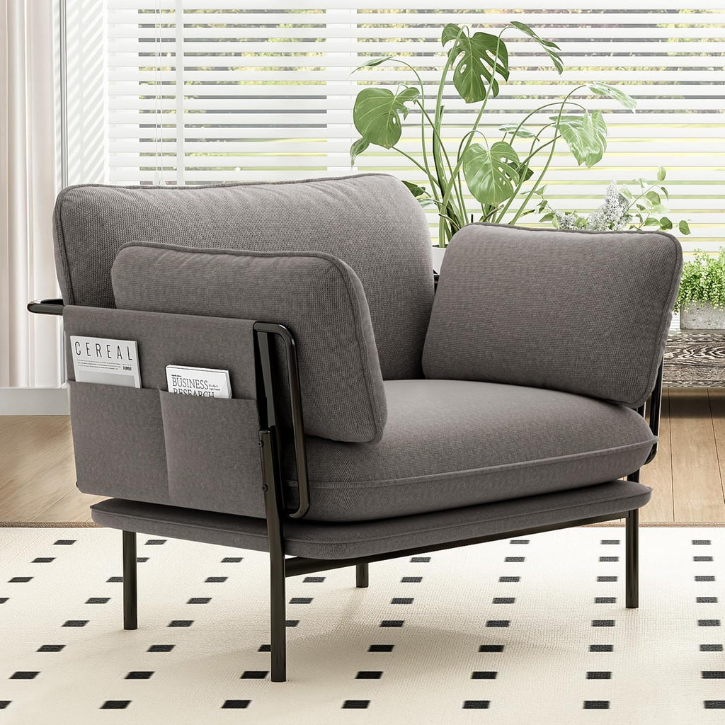 Modern Accent Chairs Set of 2, Oversized Living Room Chairs, Reading Chair with Solid Metal Legs, Fabric Armchair with Side Pockets and 2 Pillows, Accent Chairs for Bedroom, Nursery, Khaki