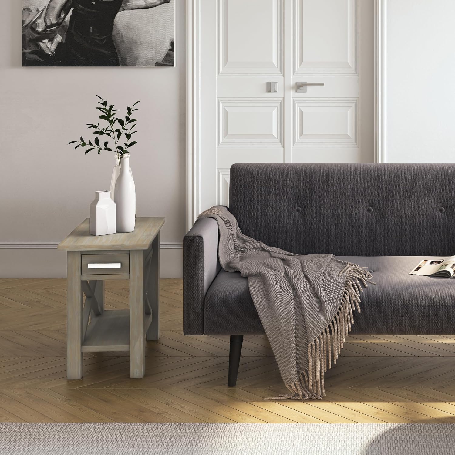 SIMPLIHOME Kitchener SOLID WOOD 14 inch Wide Rectangle Contemporary Narrow Side Table in Distressed Grey with Storage, 1 Drawer, 1 Shelf, for the Living Room and Bedroom