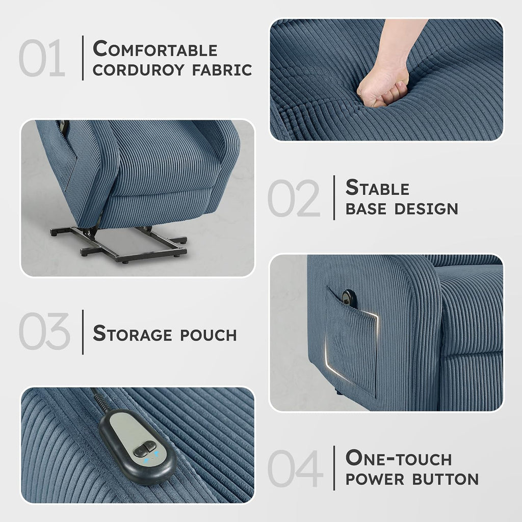 Lexicon Power Lift Recliner Chair for Elderly with Remote Control, Gentle Lift Motion, Side Pocket Armrest, Corduroy Upholstered Electric Recliner for Living Room/Bedroom, Easy Assembly, Midnight Blue