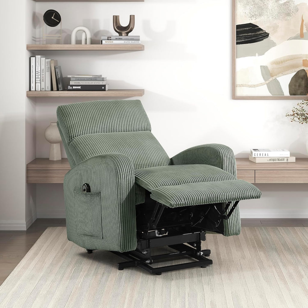 Lexicon Power Lift Recliner Chair for Elderly with Remote Control, Gentle Lift Motion, Side Pocket Armrest, Corduroy Upholstered Electric Recliner for Living Room/Bedroom, Easy Assembly, Green