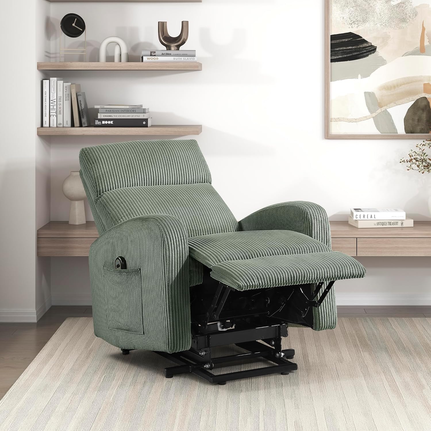 Lexicon Power Lift Recliner Chair for Elderly with Remote Control, Gentle Lift Motion, Side Pocket Armrest, Corduroy Upholstered Electric Recliner for Living Room/Bedroom, Easy Assembly, Green