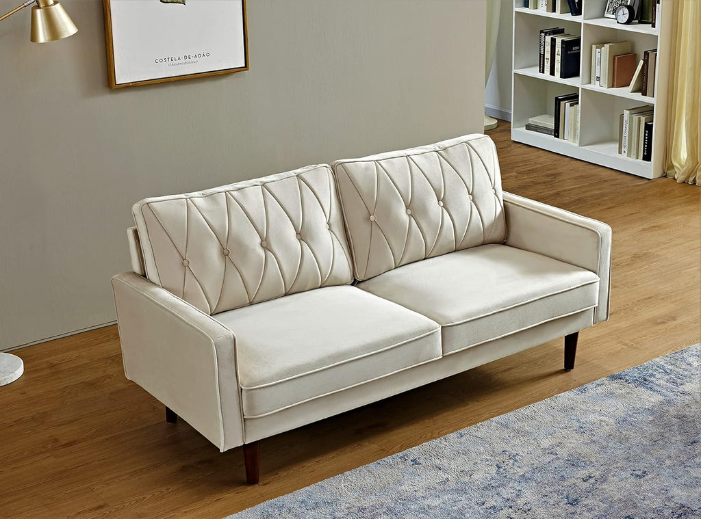 Container Furniture Modern Style Tufted Velvet Couches for Living Room with Soft Fabric Upholstery and Solid Wood Frame, 2 Piece Sofa and Loveseat Set, Ivory