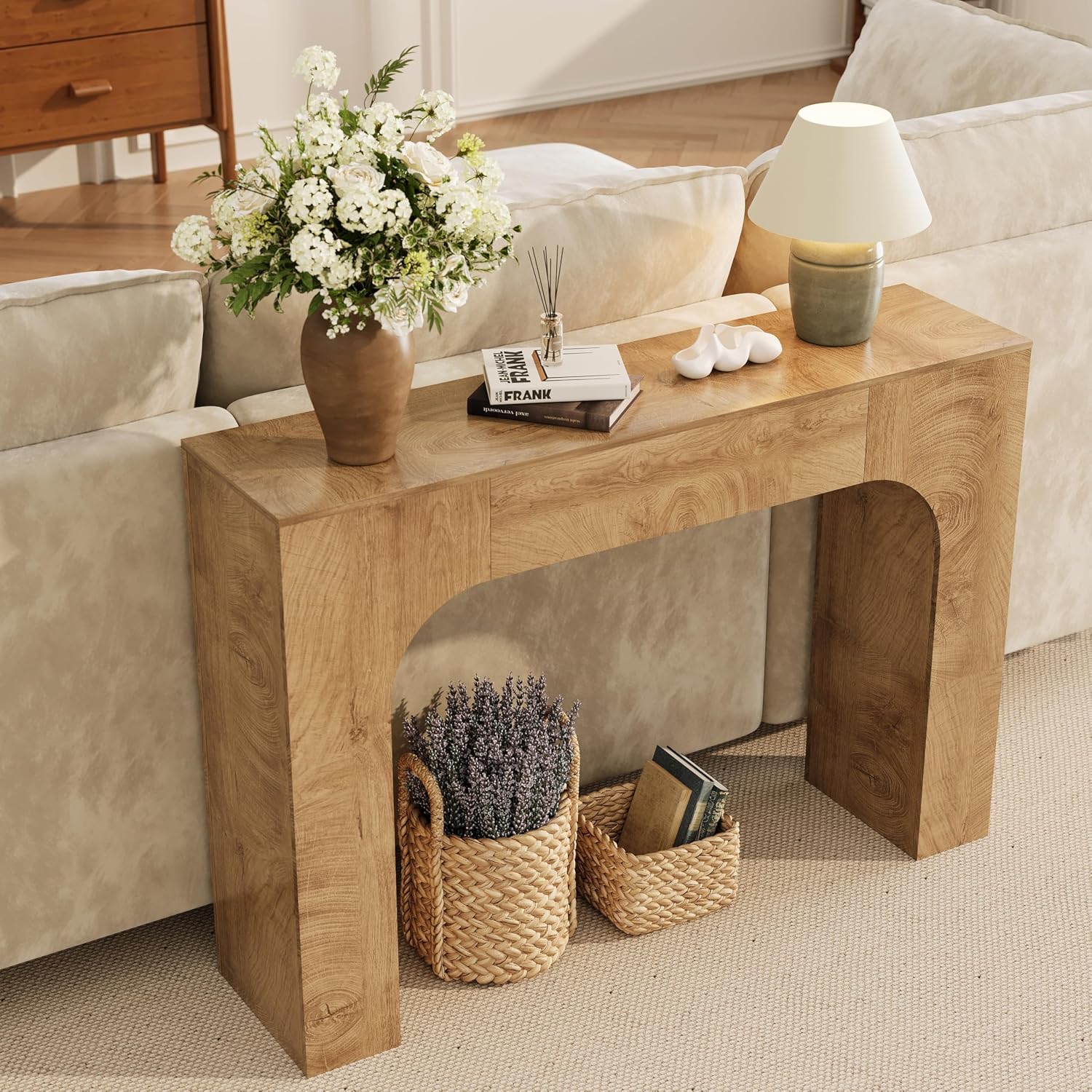 GarveeHome 47 in Farmhouse Console Table, Narrow Wood Entryway Table Behind Couch, Slim Rustic Hallway Furniture for Living Rooms, Foyers & Apartments, Deep Oak