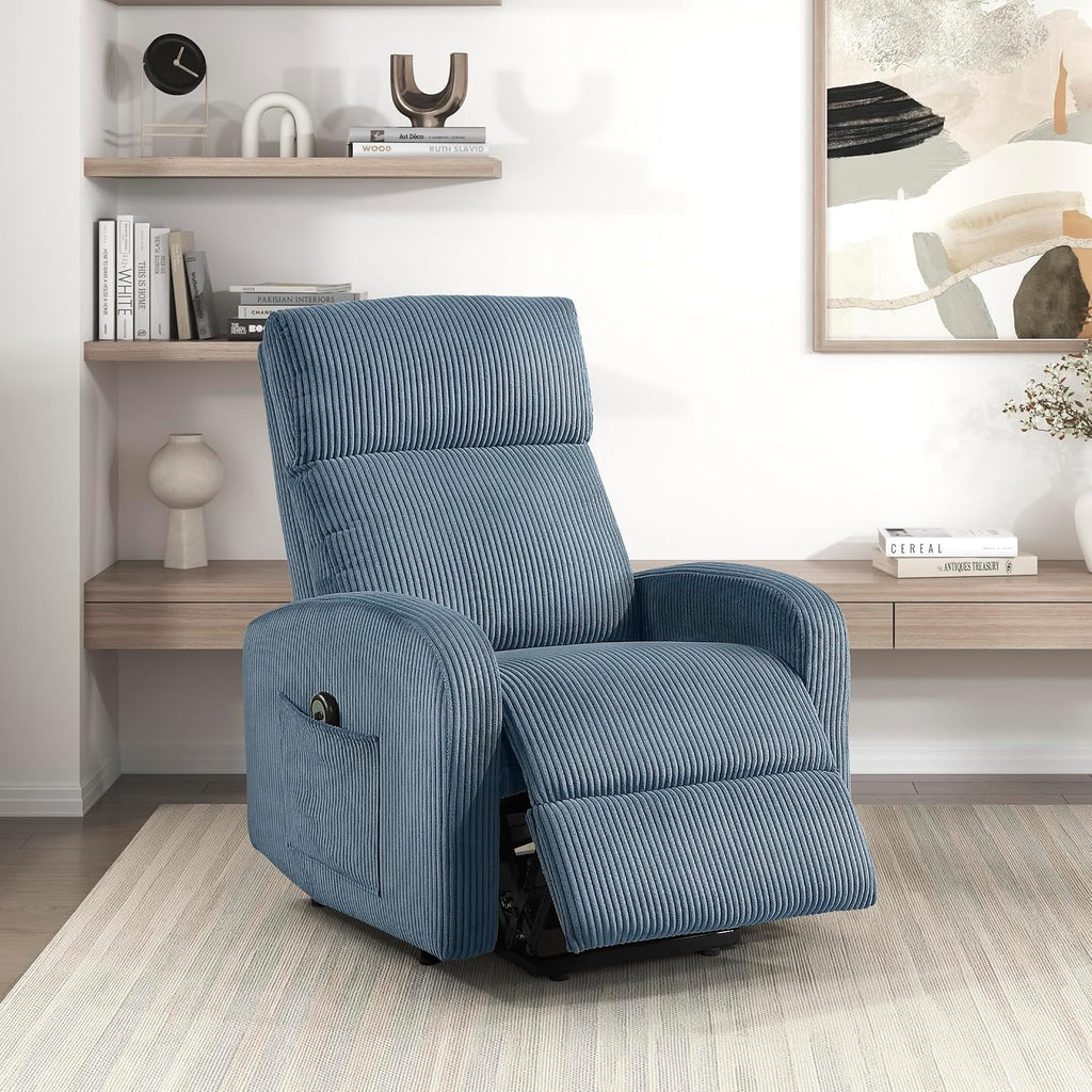 Lexicon Power Lift Recliner Chair for Elderly with Remote Control, Gentle Lift Motion, Side Pocket Armrest, Corduroy Upholstered Electric Recliner for Living Room/Bedroom, Easy Assembly, Midnight Blue