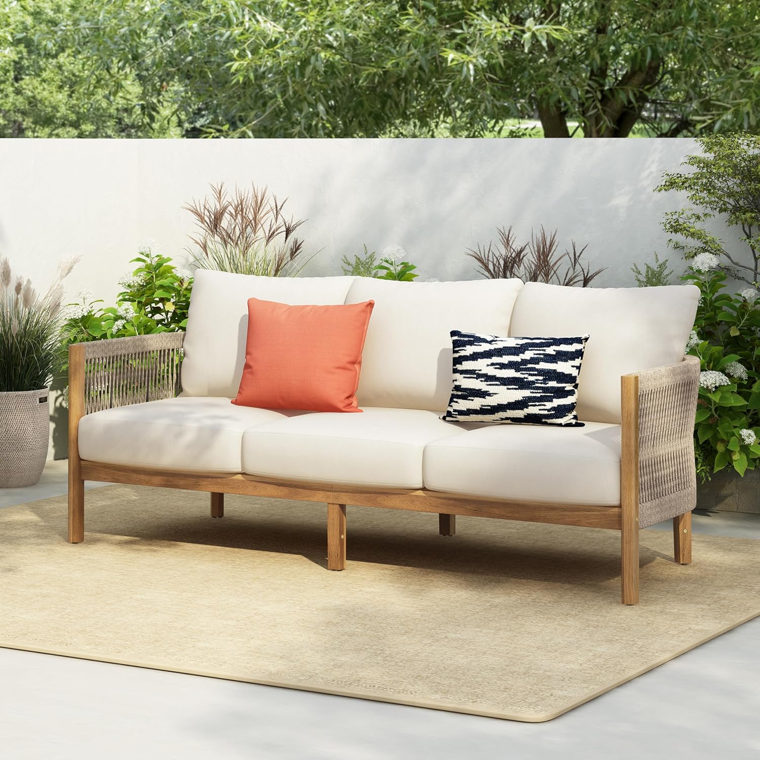 Christopher Knight Home Havets 77'W Outdoor 3 Seater Sofa, 6' Thick Cushion Couch, Acacia Wood Bench Sofa, Comfy Woven Rope Armchair, Spacious Seating Bench Couch for Backyard Garden Porch, Teak+Beige