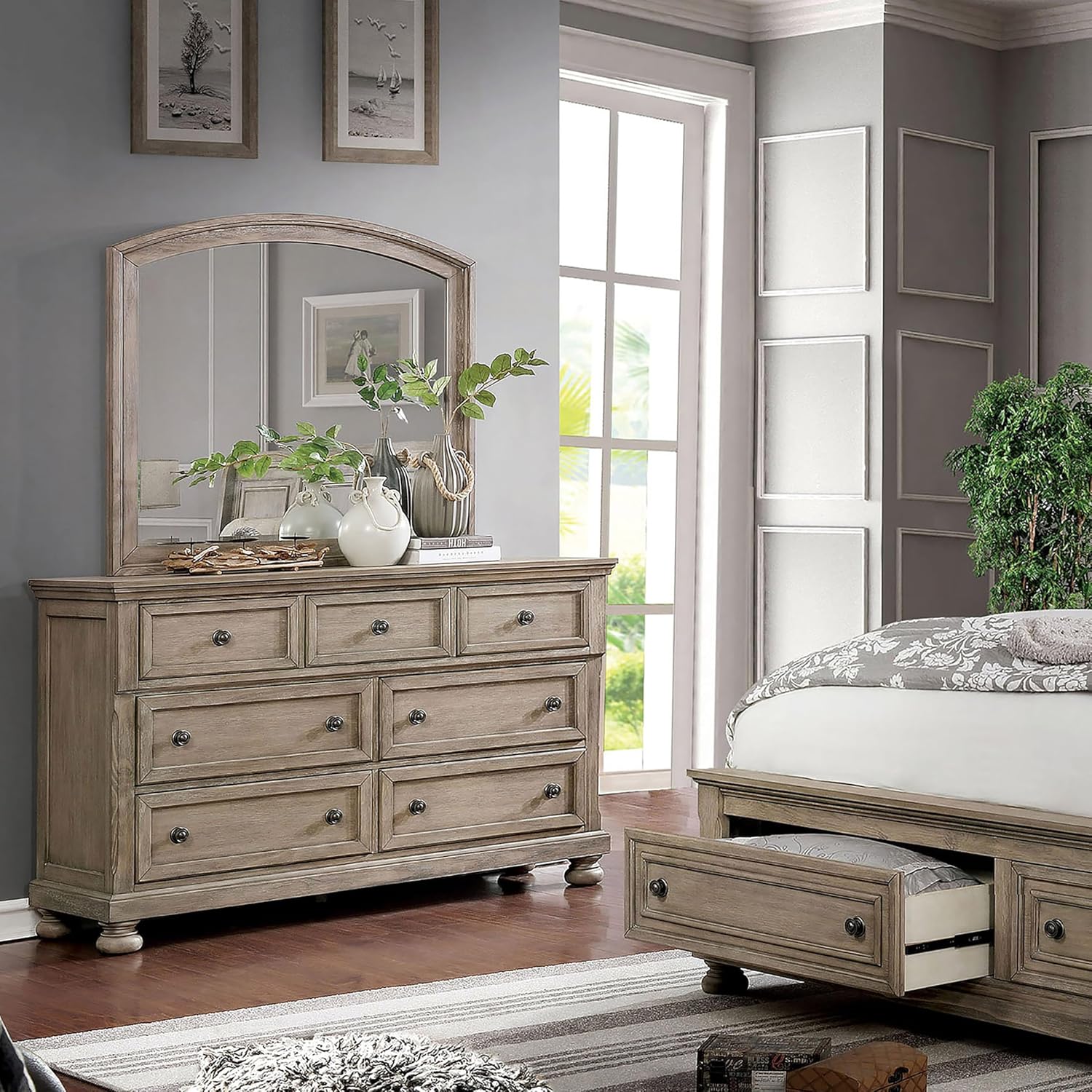 HOMES: Inside + Out Dery Rustic 7-Drawer Wood Dresser and Mirror, Gray