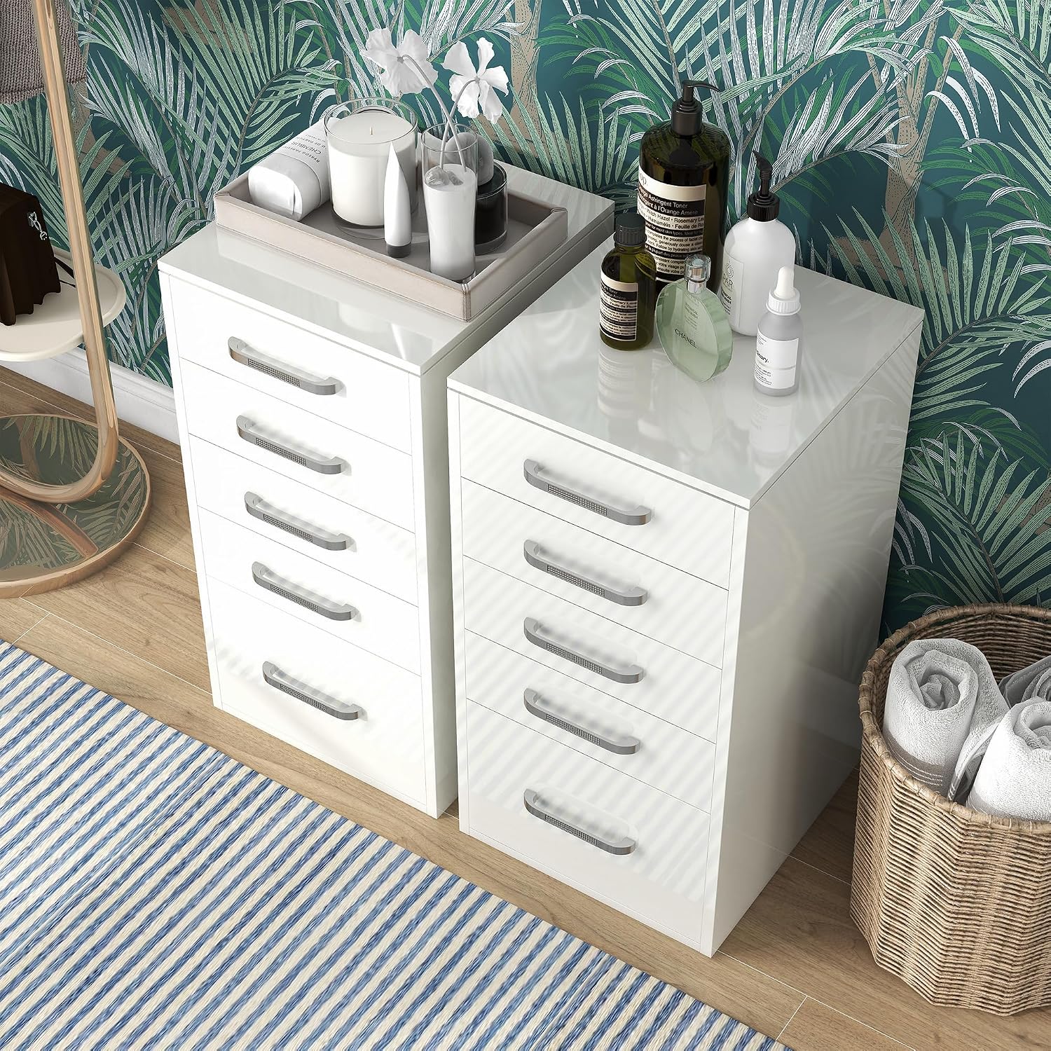 24/7 Shop at Home Alez Modern Wood 5 Drawers Makeup Vanity Dresser, Set of 2 for Bedroom, Dressing Room, Bathroom, Guest Room, White