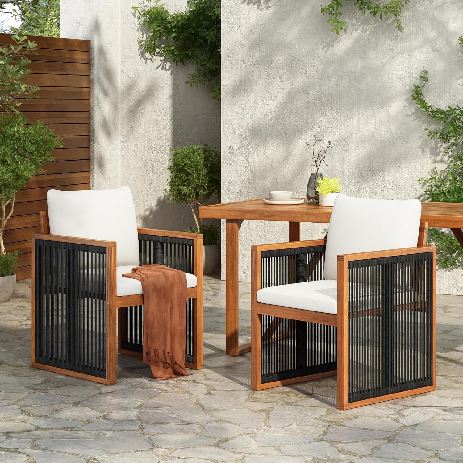 Christopher Knight Home Kiaya Outdoor Dining Chairs Set of 2 with Rope-Wrapped Accents, Acacia Wood Patio Dining Room Chair with Seat and Back Cushions, Comfy Outdoor Chairs Set of 2, Cream+Teak+Black
