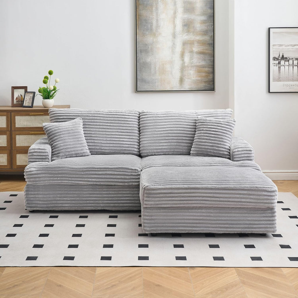 KEIKI 88.58 inch Corduroy Sofa, Wide Corduroy Sofa Chair with Storage Feet and 4 Throw Pillows, Sleeper Couch for Living Room, Apartment, Salon, Home Theater, Gray