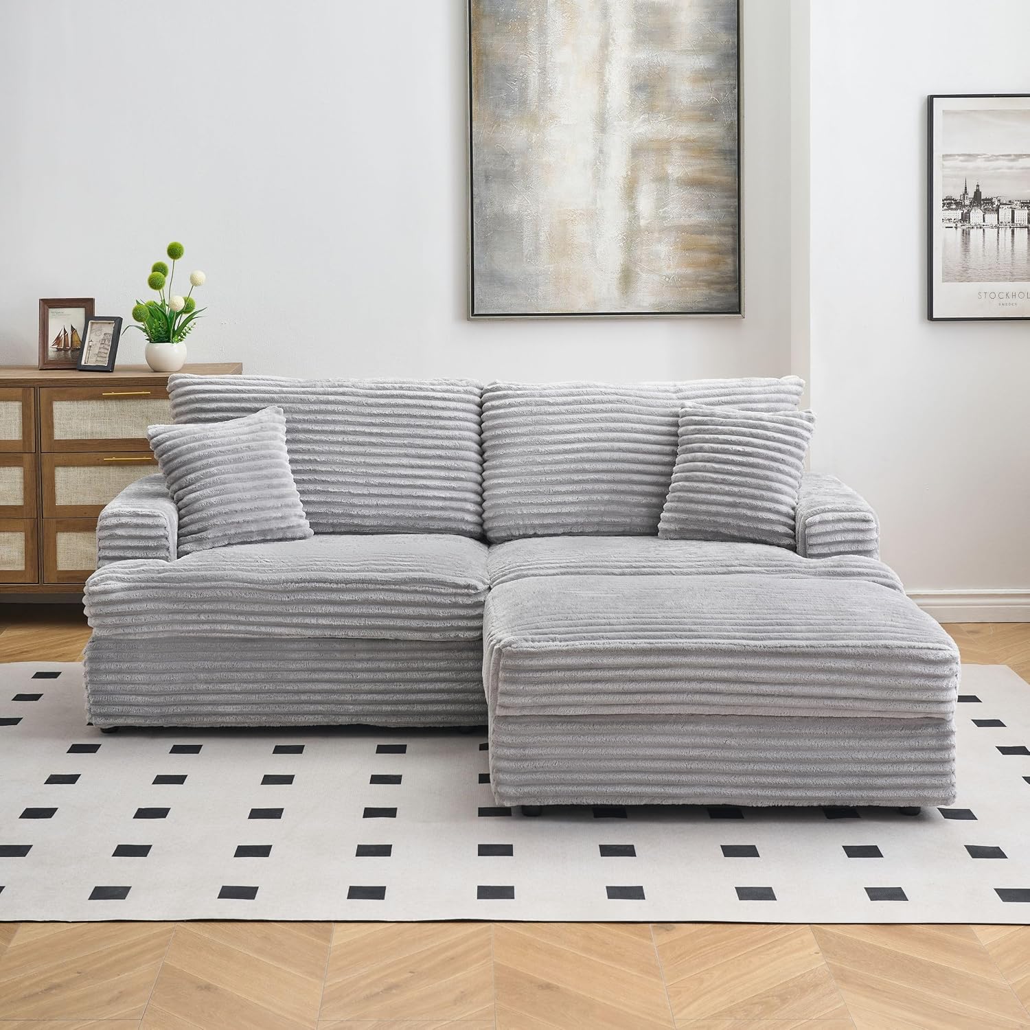 KEIKI 88.58 inch Corduroy Sofa, Wide Corduroy Sofa Chair with Storage Feet and 4 Throw Pillows, Sleeper Couch for Living Room, Apartment, Salon, Home Theater, Gray