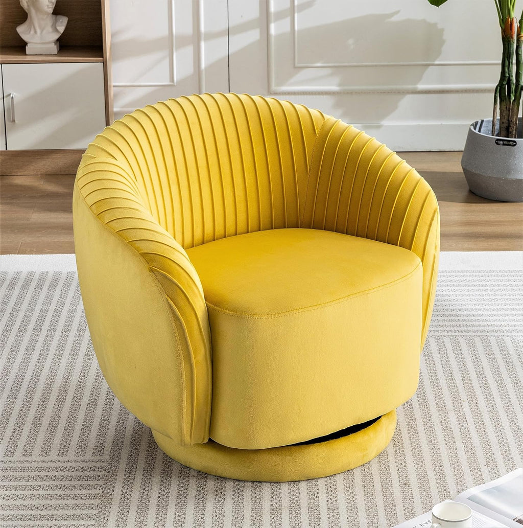 Container Furniture Direct Modern Barrel Swivel Chair with Plush Velvet Upholstery and Smooth 360° Rotation, Round Accent One-Seater Sofa for Living Room, Bedroom, and Office, Yellow