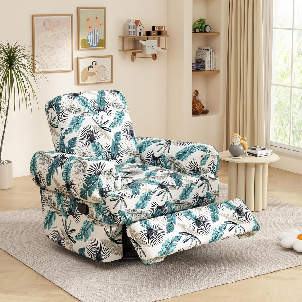 Christopher Knight Home Besty Chenille Upholstered Swivel Recliner Chair, Wooden Swivel Accent Chair with Adjustable Backrest, Super Comfort Rocker Recliner Sofa for Living Room/Bedroom, Green+White