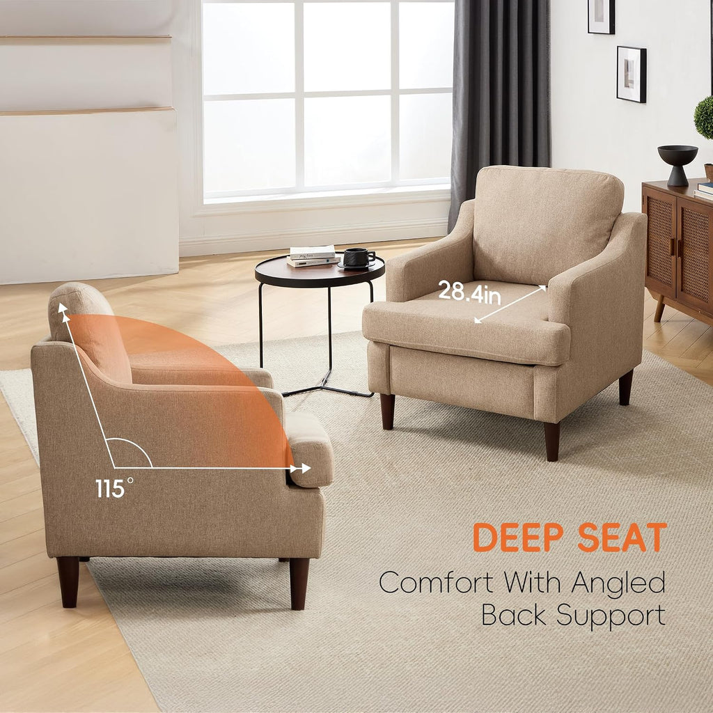 Ketaiyou Mid-Century Accent Chair Modern Linen Fabric Armchair for Living Room,Comfy Upholstered Reading Chairs for Bedroom,Single Sofa Chair with Wood Legs (Khaki, Set of 2)