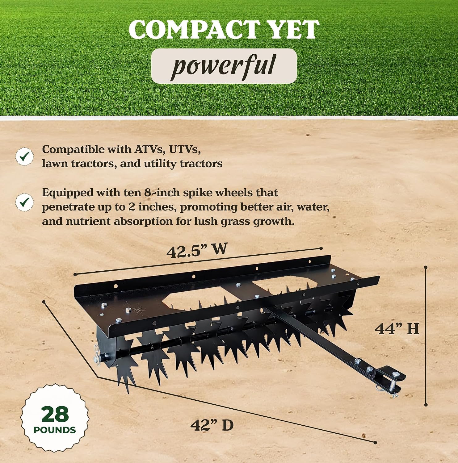 Yarn Stuff Spike Lawn Aerator, 40 Inch Wide Pin-Style Hitch with Weight Tray, Tiller for Gardening and Soil Penetration, Lawn Mower and ATV Compatible