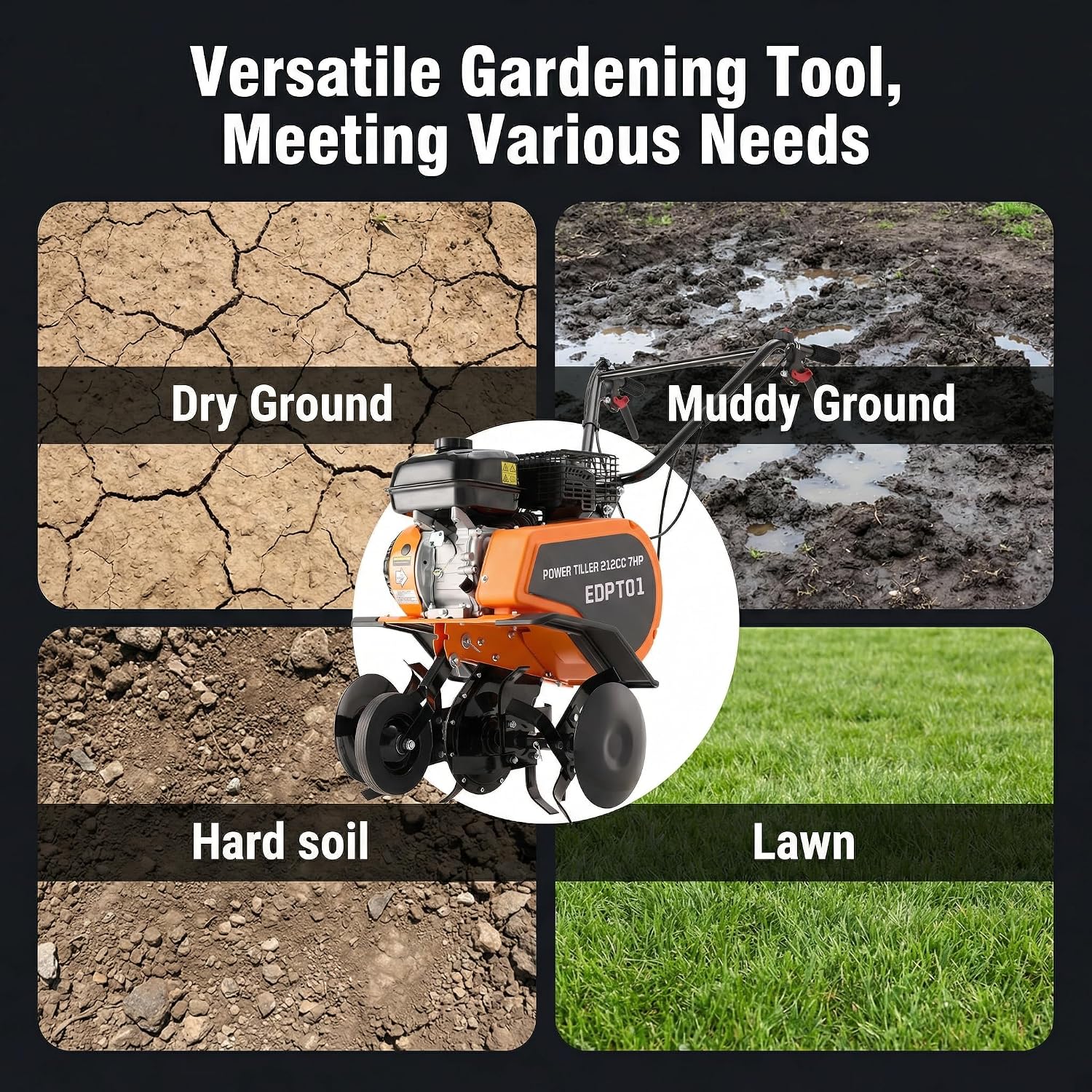 Gas Powered Tiller, 212CC 7HP 4-Stroke Engine, Adjustable 22'' Width, Front Tire Cultivator with Forward/Reverse Gears, 3-Height Adjustment, Durable High-Carbon Steel Blades for Gardening