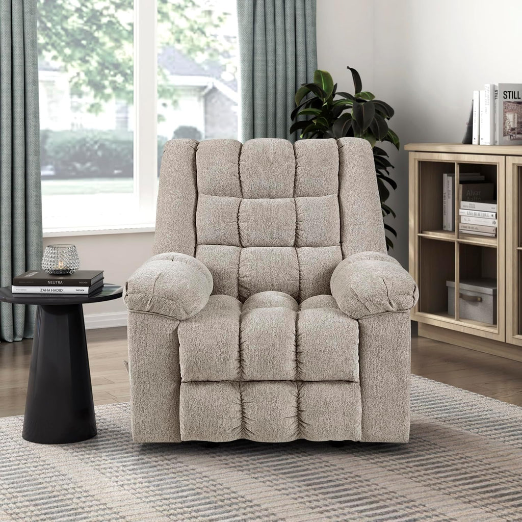Lexicon Chenille Rocker Reclining Chair for Adults, Rocker Pull Handle Recliner, Nursery Chair for Living Room/Bedroom, High Back, Pillow Top Arms, High Density Foam Cushions, Light Brown