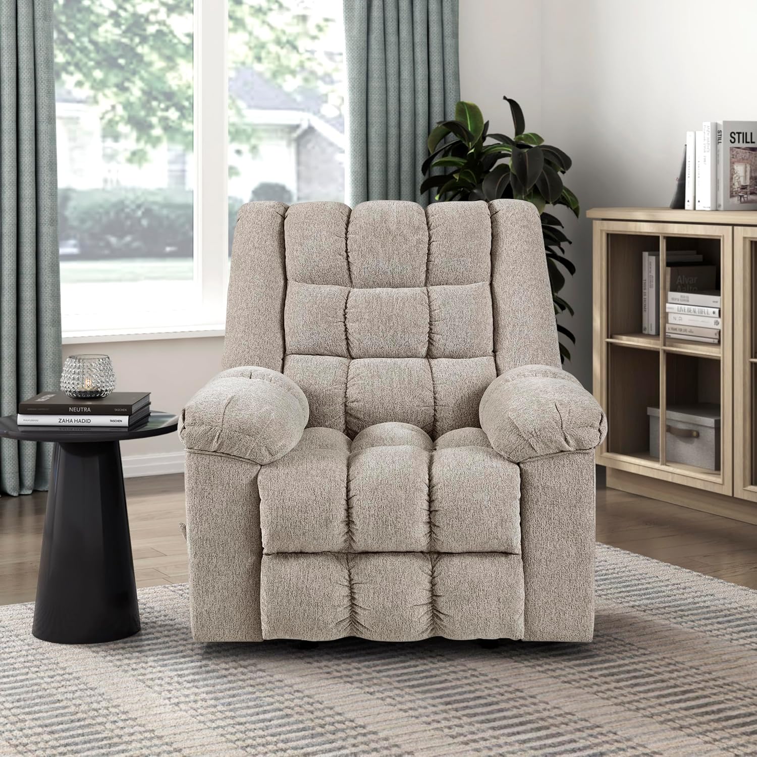Lexicon Chenille Rocker Reclining Chair for Adults, Rocker Pull Handle Recliner, Nursery Chair for Living Room/Bedroom, High Back, Pillow Top Arms, High Density Foam Cushions, Light Brown