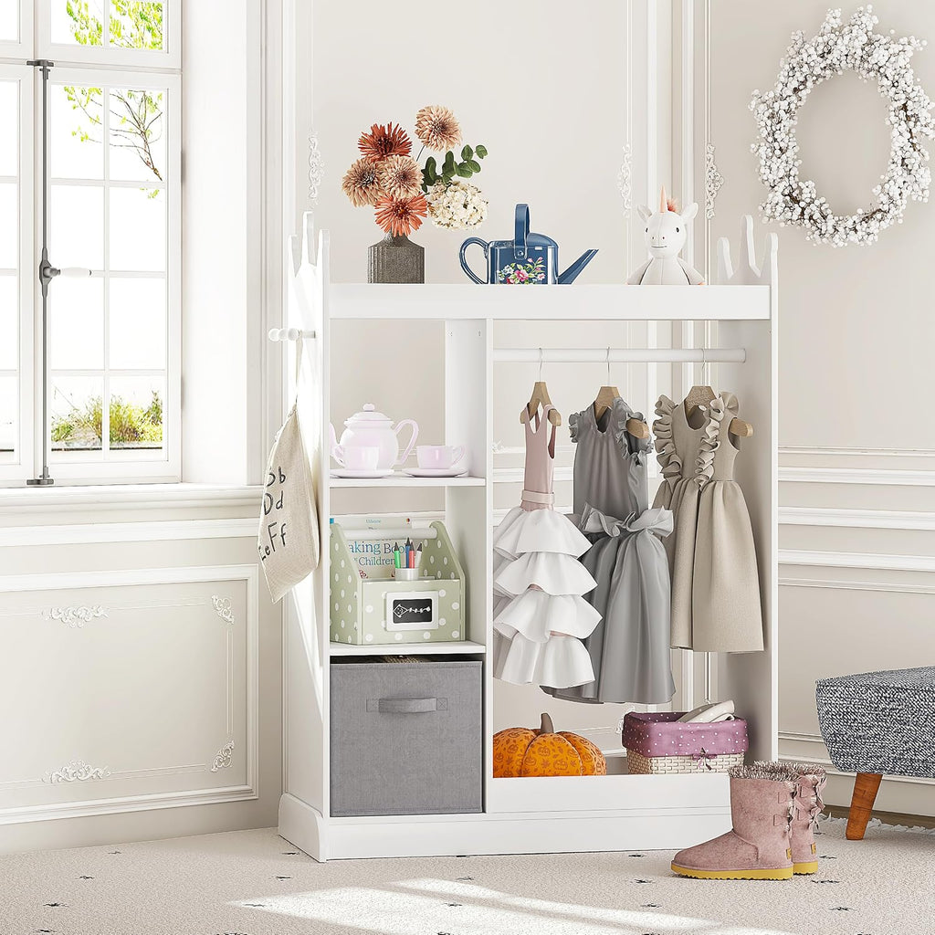 UTEX Kids Play Armoire with Mirror, Storage Bins and Closet for Dress Up and Costumes (White)