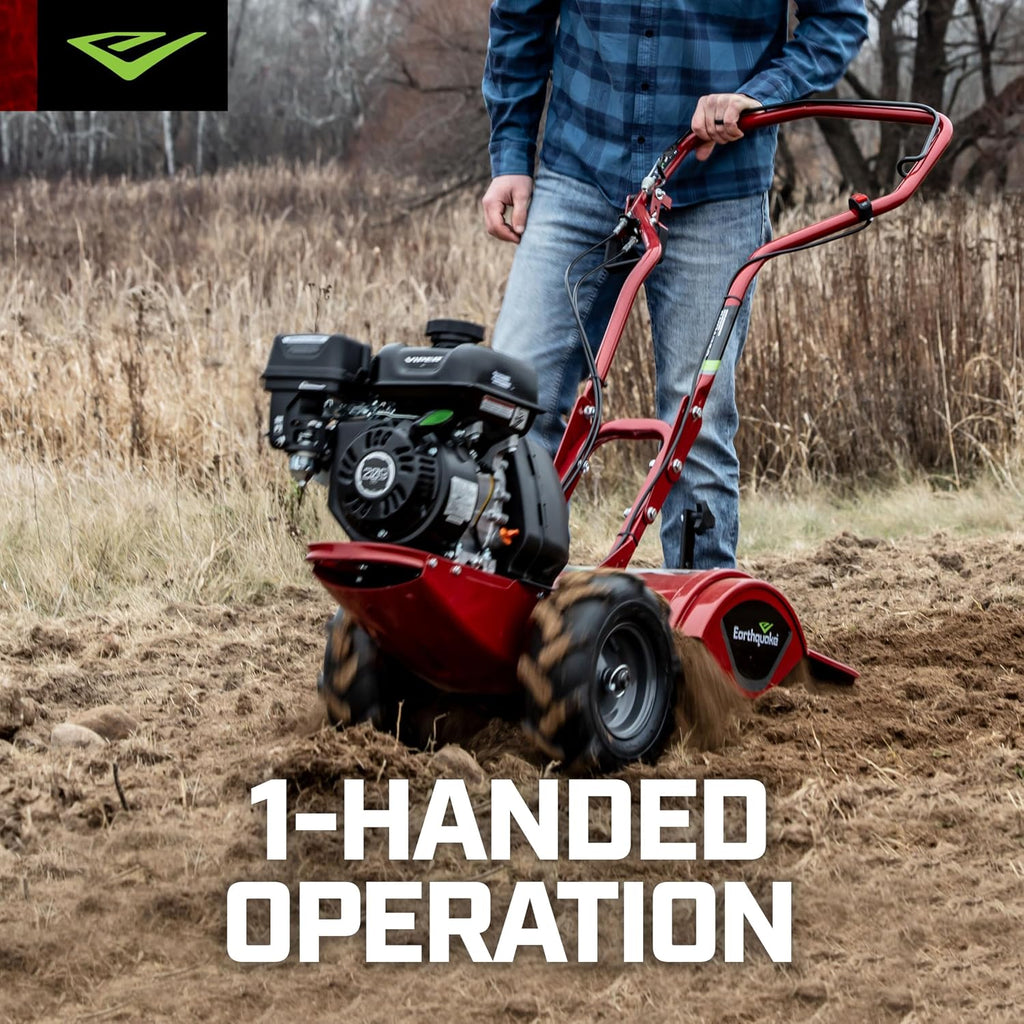 EARTHQUAKE Victory Rear Tine Tiller, Powerful 209cc 4-Cycle Viper Engine, Rugged Bronze Gear Transmission, Counter-Rotating Tines, Instant Reverse, Pneumatic Wheels, Model: 39381, Red/Black