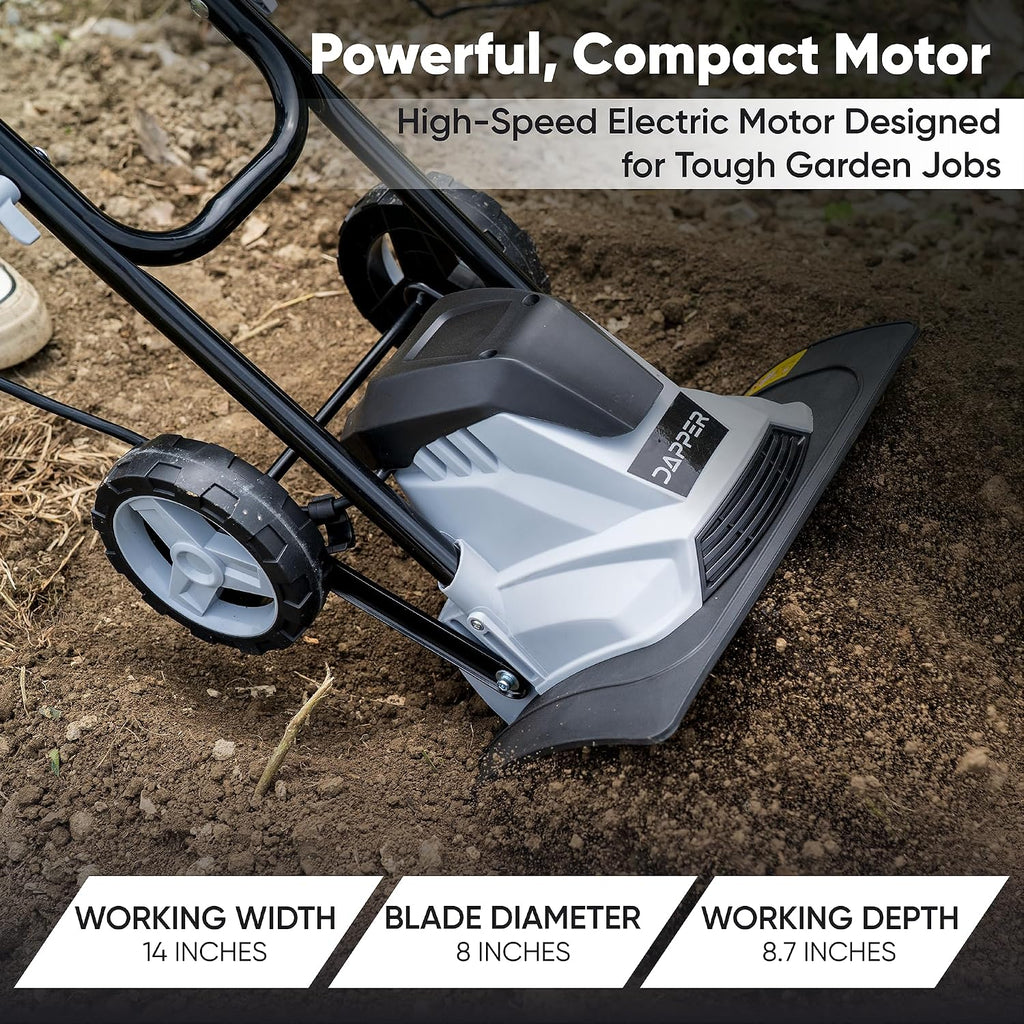 Dapper Supply 14 Electric Tiller Cultivator, 10Amp Corded Garden Rototiller with 4 Steel Tines, Adjustable Depth Wheels, Foldable Handle, Lightweight Portable Soil Cultivator for Gardening