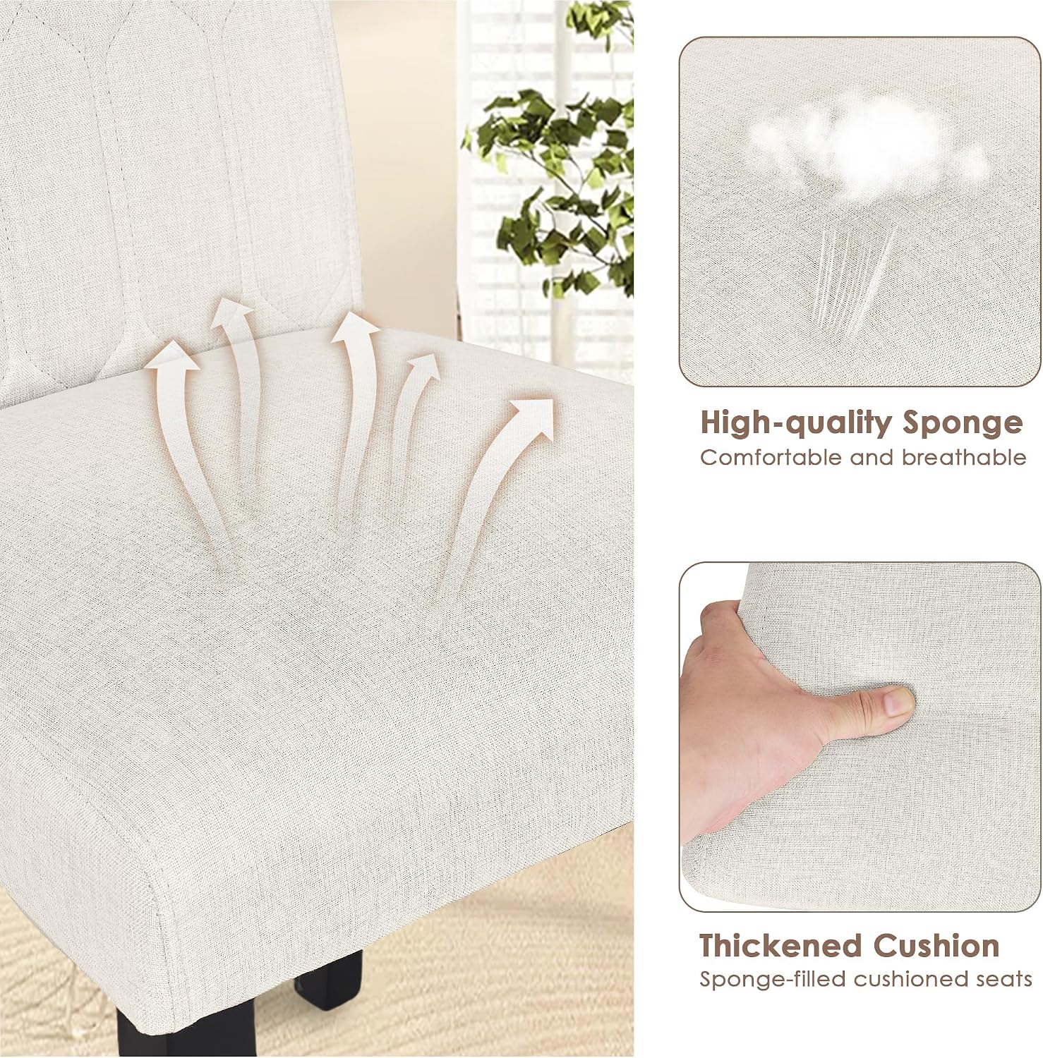 VECELO Upholstered Dining Chairs Set of 2, Modern Accent Parsons with Comfort Seat, Solid Wood Legs w/Rubber Footpads, for Living Room Kitchen, Beige