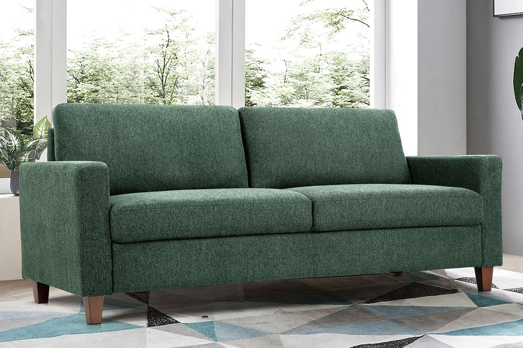 Container Furniture Direct Miles Mid Century Modern Couch for Small Spaces, Living Rooms, Apartments, and Condos, 3 Seater Sofa with Reversible Back Pillows, 77' Wide, Green